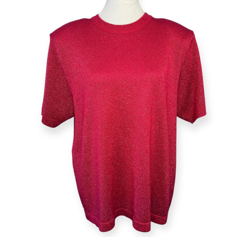 Vintage Red Short Sleeve Sweater Metallic Lurex Knit Size Large